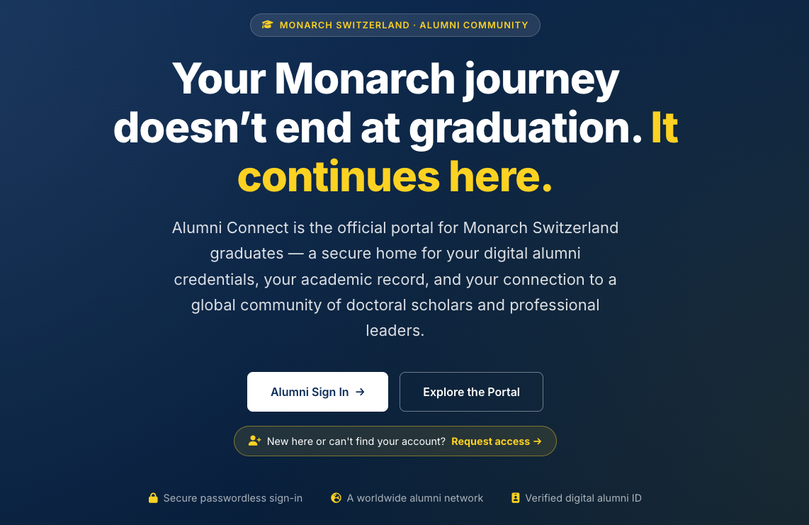 Monarch Alumni Hub welcome screen with alumni sign-in and portal access options