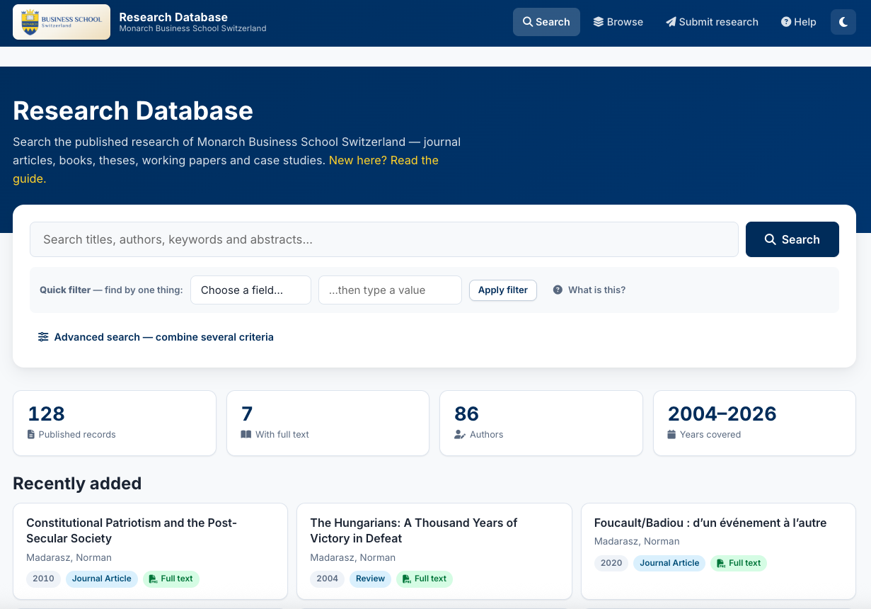 Monarch Research Database interface showing search tools, filters and recently added publications